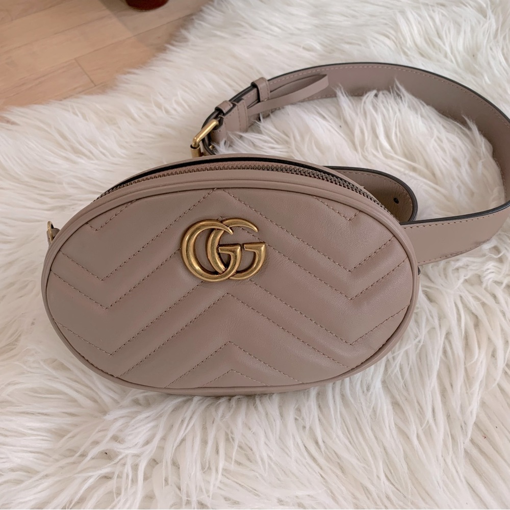 Gucci blush/taupe GG Marmont Quilted Leather Crossbody Belt Bag